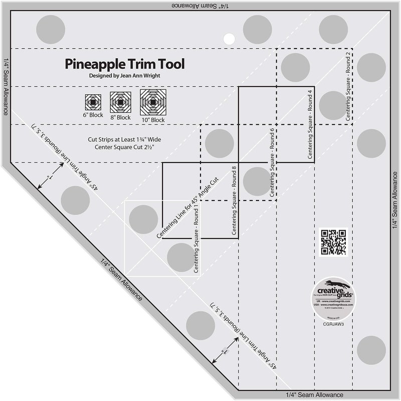 Creative Grids Pineapple Trim Tool Quilt Ruler â€“ CGRJAW3 â€“ Made in USA, 10-1/2in x 10-1/2in, Non-Slip Grip Acrylic Quilting, Sewing, Crafting, Patchwork Ruler & Template